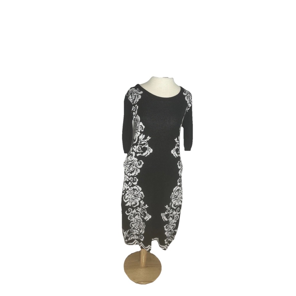 Allison Brittney Women's Jacquard Knit Sweater Dress 3/4Sleeves Black/White Sz S